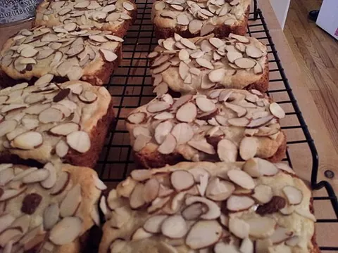 bostock: stale brioche, spread with almond cream and sliced almonds and then baked