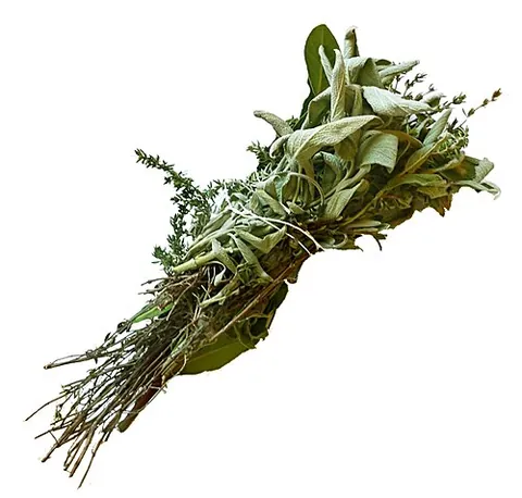 bouquet garni: a bundled mixture of herbs or dried herbs used as a flavouring for stews, soups, and sauces