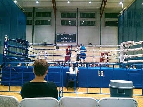 boxing ring: a space, usually square, with elastic ropes around the edge, in which a boxing match is fought