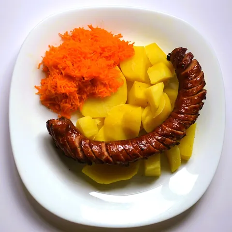bratwurst: a small (typically pork) sausage, usually served fried