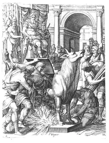 brazen bull: an ancient torture device, supposed to have been devised by Perillos of Athens, consisting of a...