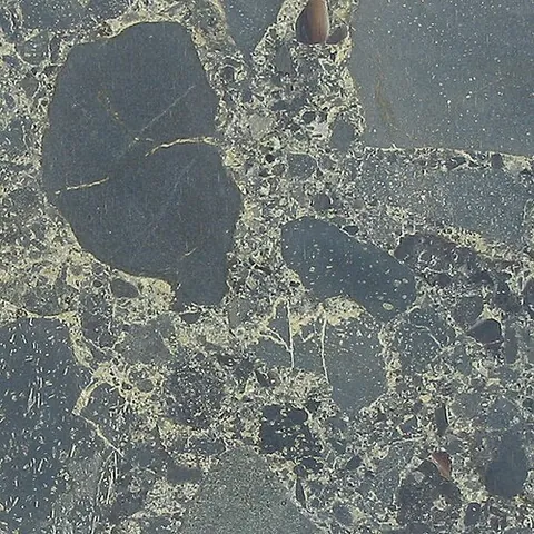 breccia: a rock composed of angular fragments in a matrix that may be of a similar or a different material