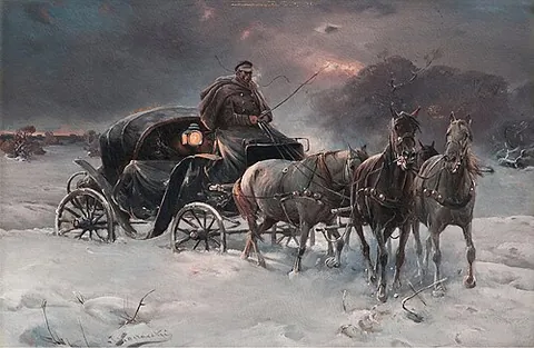 britchka: a type of horse-drawn carriage, with a foldable roof covering