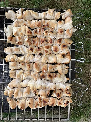 brochette: a small skewer or spit on which small pieces of meat, fish or vegetables are roasted or broiled