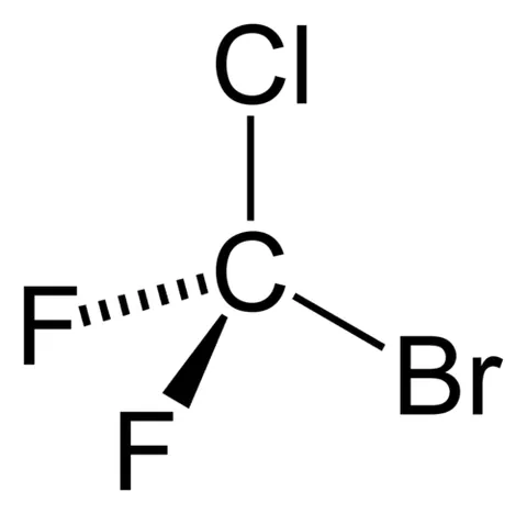 bromochlorodifluoromethane: a chemical gas mainly used in fire extinguishers to stop fires by interrupting the combustion...