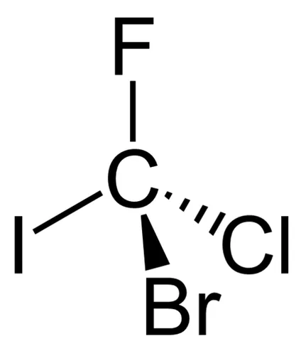 bromochlorofluoroiodomethane: a theoretical organic molecule made of one carbon atom bonded to four different halogens: bromine,...