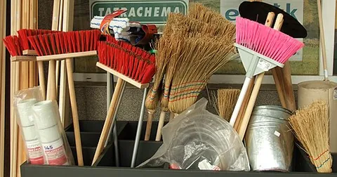 broomstick: the handle of a broom (sweeping tool); (sometimes) the entire broom