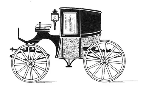 brougham: a four-wheeled horse-drawn carriage with an open seat for the driver in front of a closed cabin for...