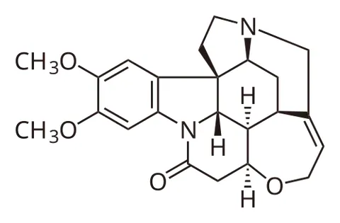 brucine: an alkaloid related to strychnine, found in several plant species, notably Strychnos nux-vomica...