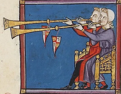 buisine: a medieval wind instrument with a very long, straight and slender body, usually made of metal