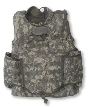 bulletproof vest: a garment worn over the torso that protects against projectiles