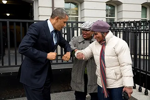 bump elbows: to touch elbows with another person as a greeting, as a substitute for shaking hands, for instance...
