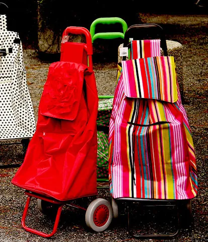 bundle buggy: a bag on wheels with an extendable handle, usually used for grocery shopping