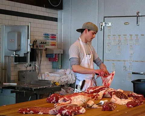 butcher: a person who prepares and sells meat (and sometimes also slaughters the animals)