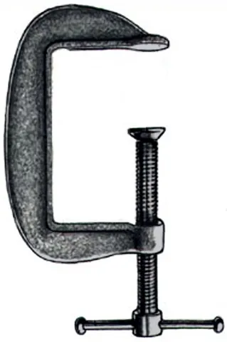 c-clamp: a type of clamp used to temporarily fasten two objects together in carpentry and other crafts