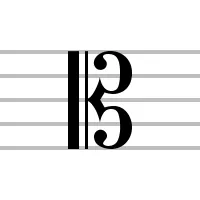 c clef: a clef, 𝄡, indicating the position of one-lined C on a staff