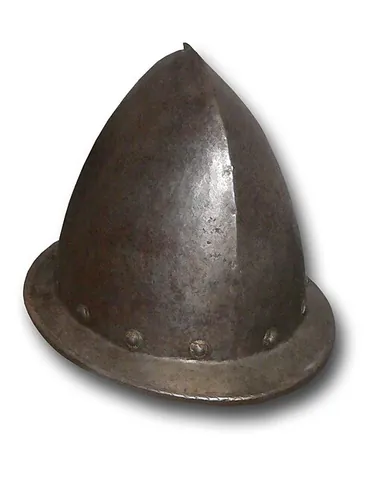 cabasset: an Italian helmet with a stalk-like projection on the top resembling a pear
