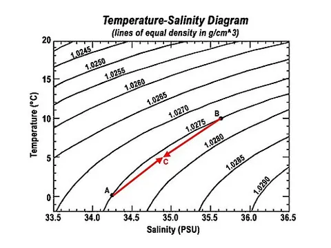 cabbeling: the process by which two masses of water with different temperatures and salinities mix to form a...