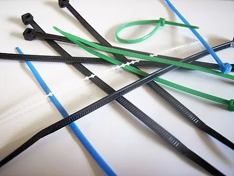 cable tie: a type of fastener, especially for binding several electronic cables or wires together