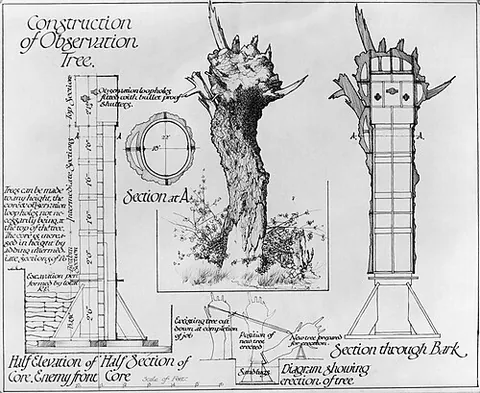 camouflage tree: a fake, hollow metal tree used as a hidden observation post. Typically used in the context of...