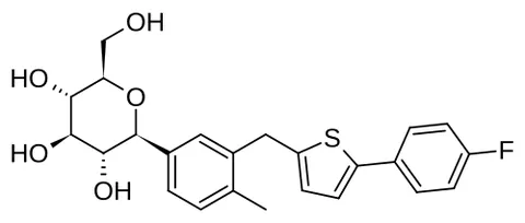 canagliflozin: a drug C₂₄H₂₅FO₅S·½H₂O that lowers blood sugar by reducing the reabsorption of glucose from the...