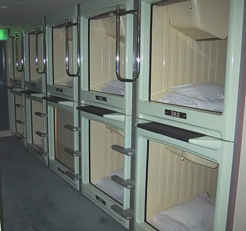 capsule hotel: a type of hotel with a number of very small "rooms" (capsules)