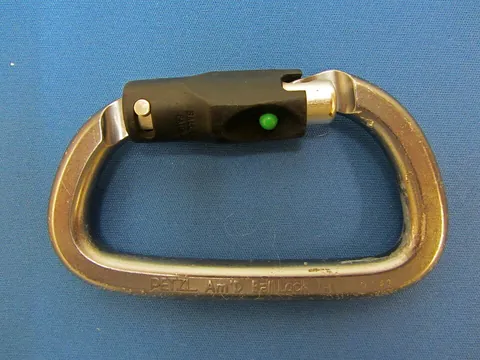 carabiner: a metal link with a gate that can open and close, generally used for clipping ropes to anchors or...