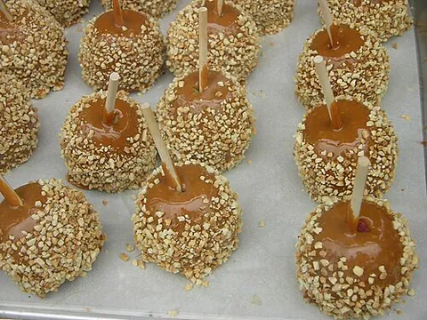 caramel apple: a dessert or snack made by dipping an apple in liquid heated caramel and often sprinkling with nuts...