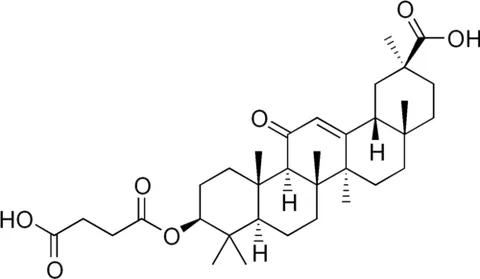 carbenoxolone: a synthetic derivative of glycyrrhizinic acid having the chemical formula C₃₄H₅₀O₇; used as a drug...