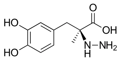 carbidopa: a drug C₁₀H₁₄N₂O₄·H₂O that inhibits decarboxylation of ʟ-dopa in tissues outside the brain and that...