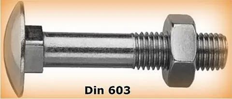 carriage bolt: a type of bolt with a rounded head and a square shank which will not turn