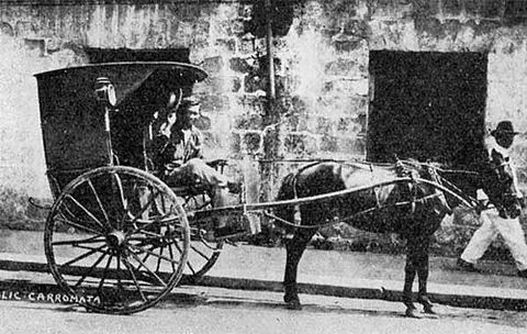 carromata: a light two-wheeled, horse-drawn passenger carriage with a tilt roof used to convey passengers...