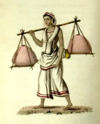 carrying pole: a yoke of wood or bamboo, used by people to carry a load