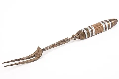 carving fork: a fork with a long handle and two or three whetted flat tines, used in the process of serving meat,...