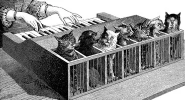 cat organ: a hypothetical musical instrument consisting of a line of cats fixed in place with their tails...