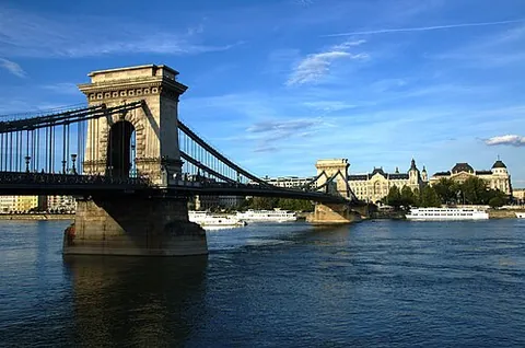 chain bridge: a suspension bridge suspended on chains