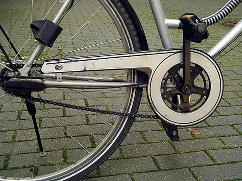 chain guard: a compartment that encloses the chain and sprocket assemblies of a bicycle