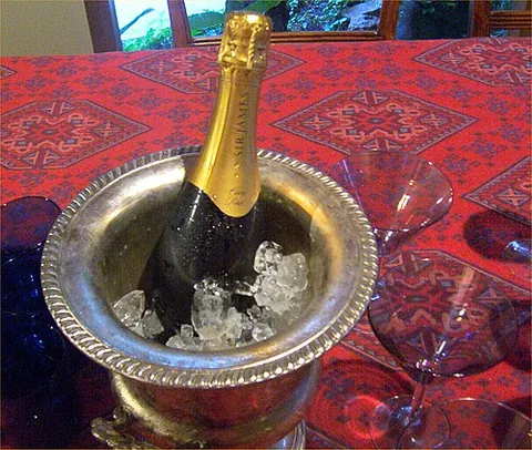 champagne bucket: a bowl or bucket designed for holding ice cubes or crushed ice that is used to chill a bottle of...