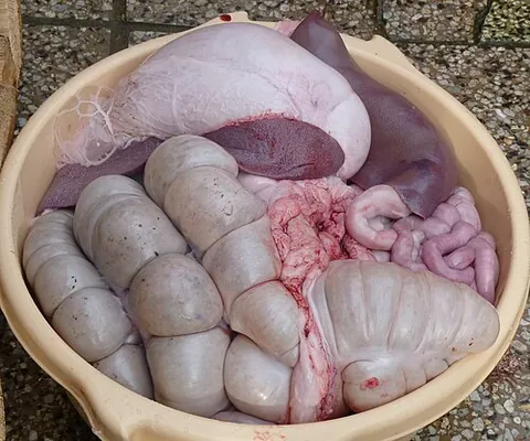 chawdron: the entrails of an animal, especially when used as a food ingredient; offal