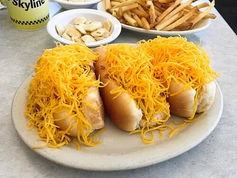 cheese coney: a Coney Island hot dog served with Cincinnati chili and Cheddar cheese