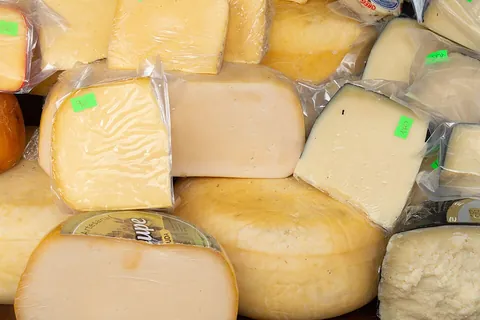 cheese: a dairy product made from curdled or cultured milk