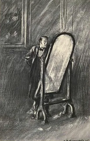 cheval glass: a long mirror, mounted on a swivel in a frame, allowing it to be tilted