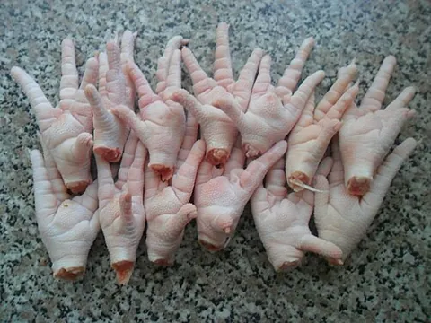 chicken paw: the foot of a chicken, cut off at the ankle, and used for food