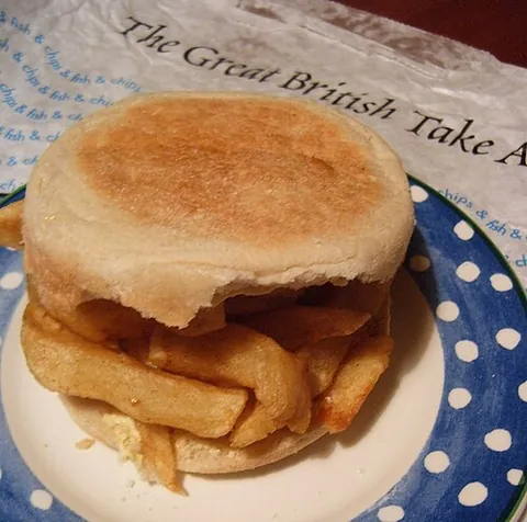 chip butty: a sandwich filled with chips (thick-cut French fries), often served with malt vinegar or ketchup