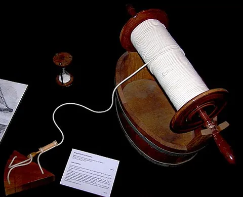 chip log: a simple device for measuring the speed of a vessel, consisting of a wooden board (drag) attached...