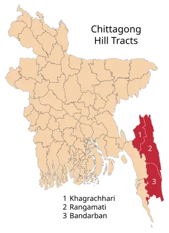 chittagong hill tracts: an area and former district of Bangladesh, split into three districts in 1984