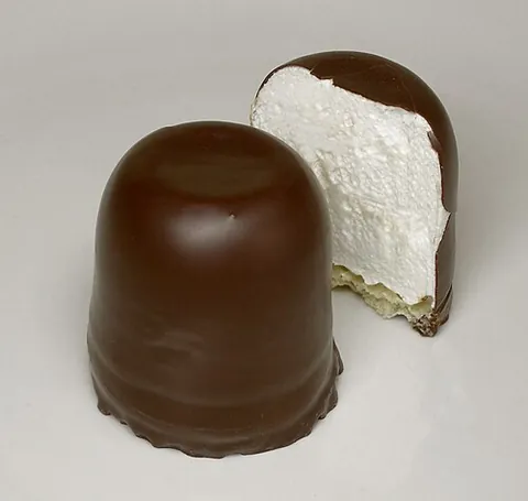 chocolate teacake: a confection consisting of a biscuit base topped with marshmallow-like filling and coated in a hard...