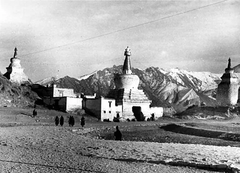 chorten: a Tibetan stupa, typically spindle-shaped and white