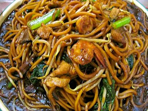 chow mein: a westernized Chinese dish of stir-fried noodles with vegetables and meat or seafood