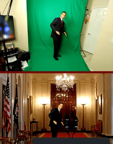 chromakey: the use of a particular color, usually either green or blue) as a key in a studio in order to allow...